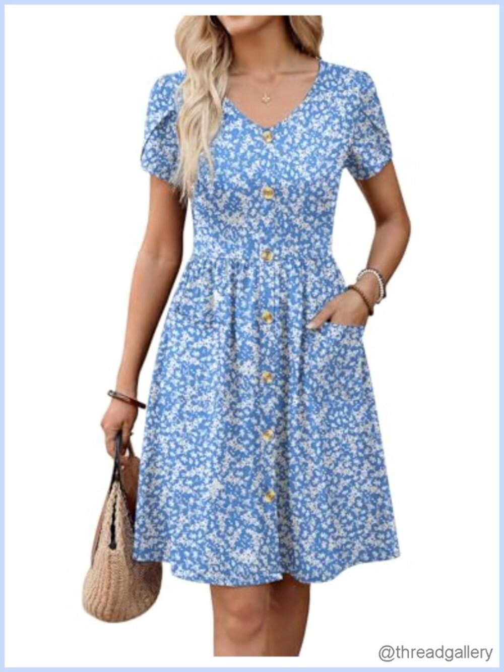 Zeagoo Womens Summer Mini Dress Petal Short Sleeve Pleated Button V Neck Floral